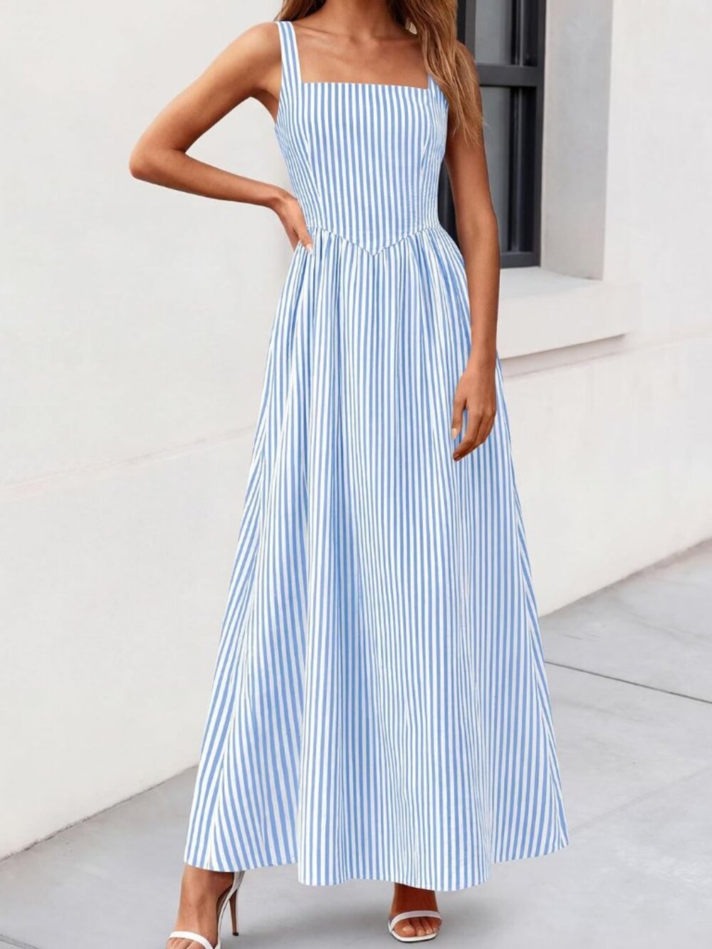 PRETTYGARDEN Blue Striped Maxi Dress M - Picture 3 of 10